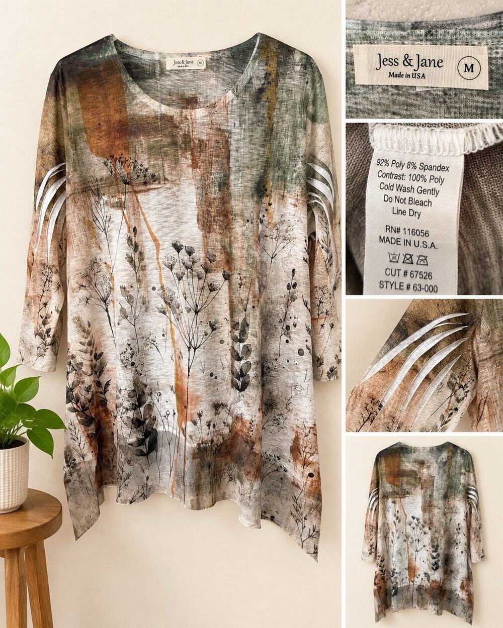 Jess & Jane Top size Medium Tunic Boho Y2k Fairy Abstract Art Blouse Flowy Shirt